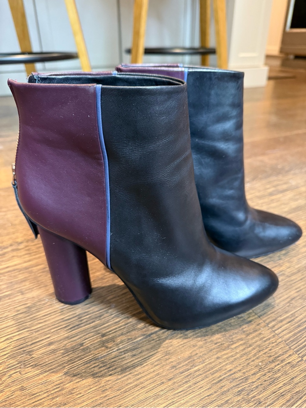 Women's Black and Plum Leather Ankle Booties with Back Zip